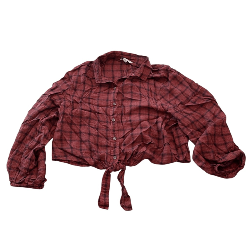 American Eagle Red/Pink Tie Front Plaid Button Down Shirt Medium